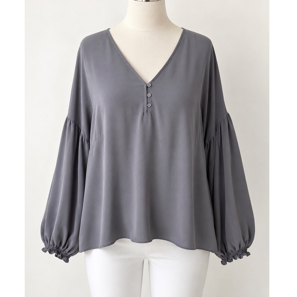 Alfani Womens 3X Gray V-Neck Balloon Sleeve Button Front Blouse Top Charcoal